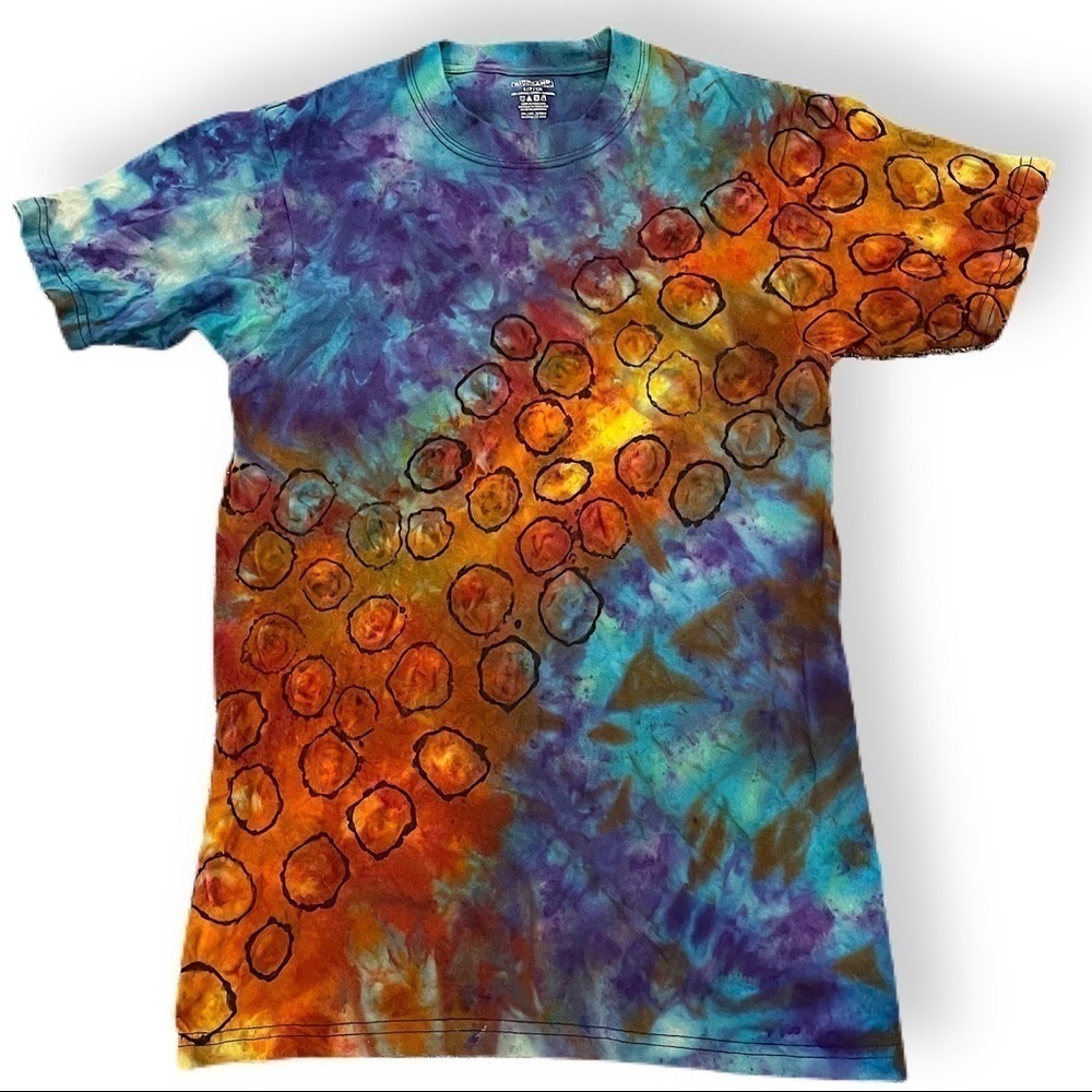 Reverse tie dye t shirt galaxy asteroids underwater coral unisex S blue copper